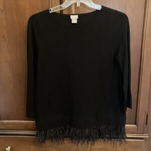 Chicos Sz 1 M Black Knit Sweater Top Feather Hem Trim Bell Long Sleeves Fun Glam
